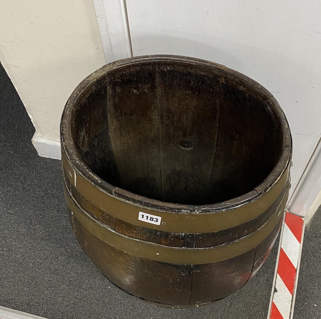 An oval oak staved and brass coopered barrel stick and umbrella stand, height 61cm
